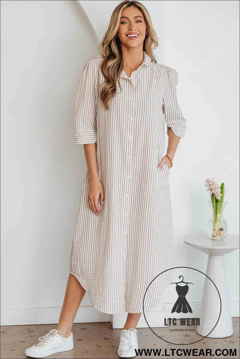 Khaki Stripe Frilled Collar Half Sleeve Shirt Maxi Dress