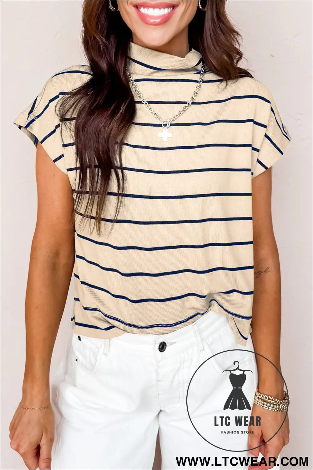 Khaki stripe mock neck short sleeve loose top - khaki stripe / l / 95% cotton + 5% elastane - tops & tees