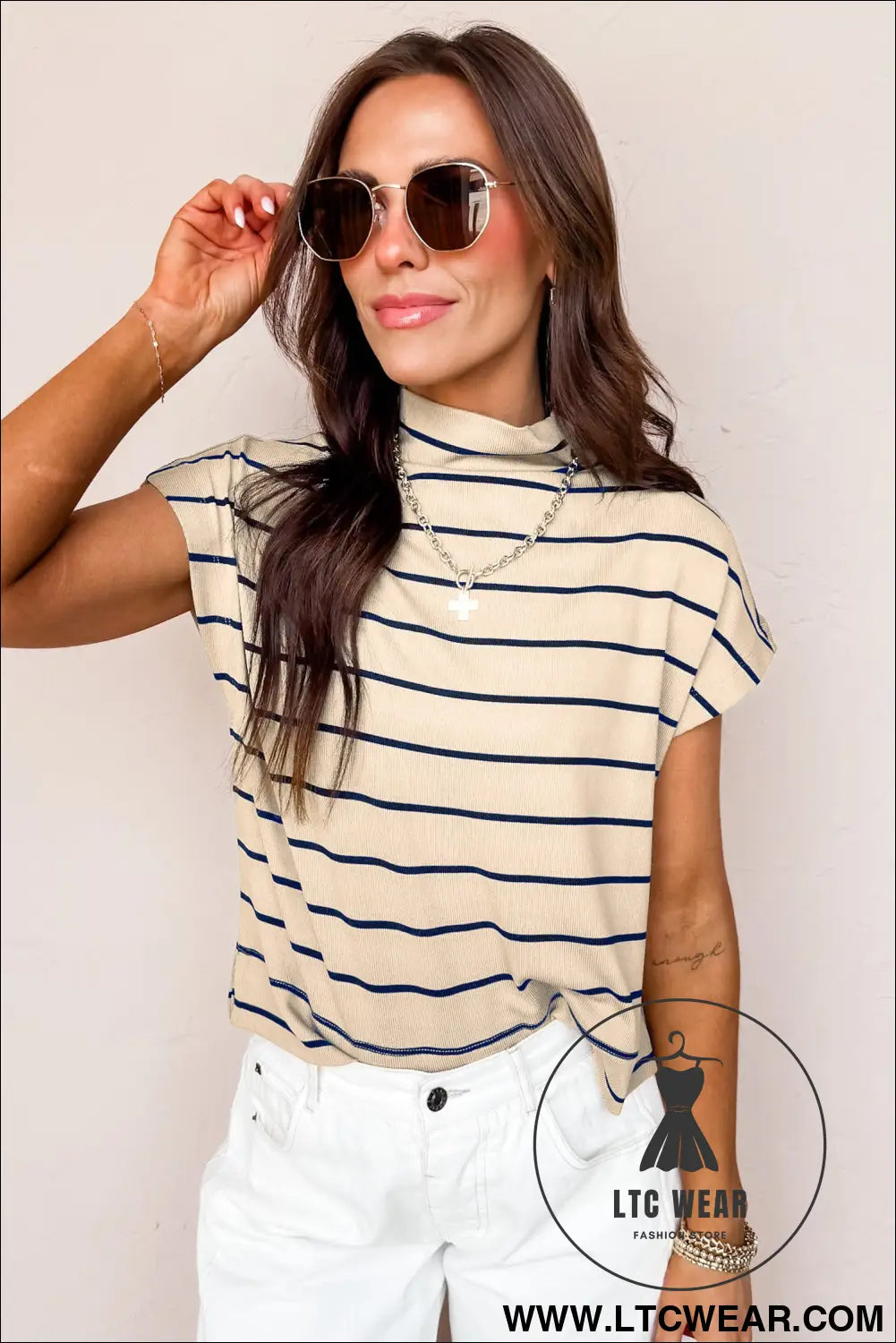 Khaki stripe mock neck short sleeve loose top - tops & tees