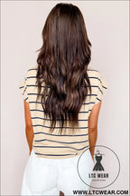 Khaki stripe mock neck short sleeve loose top - tops & tees