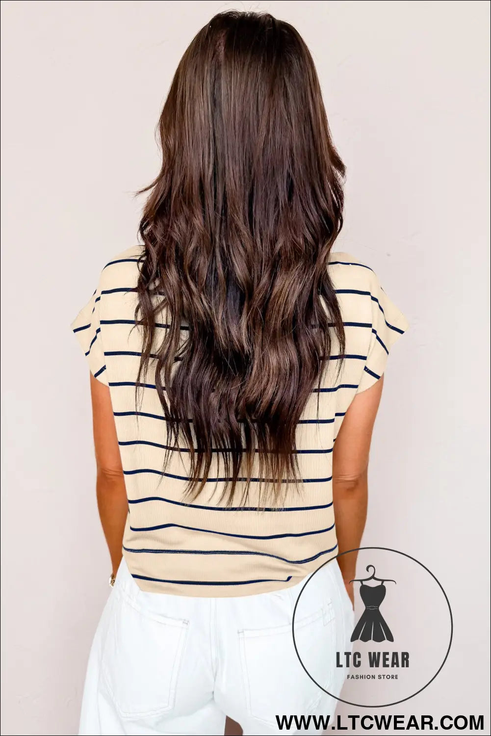 Khaki stripe mock neck short sleeve loose top - tops & tees
