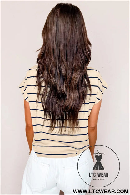 Khaki stripe mock neck short sleeve loose top - tops & tees