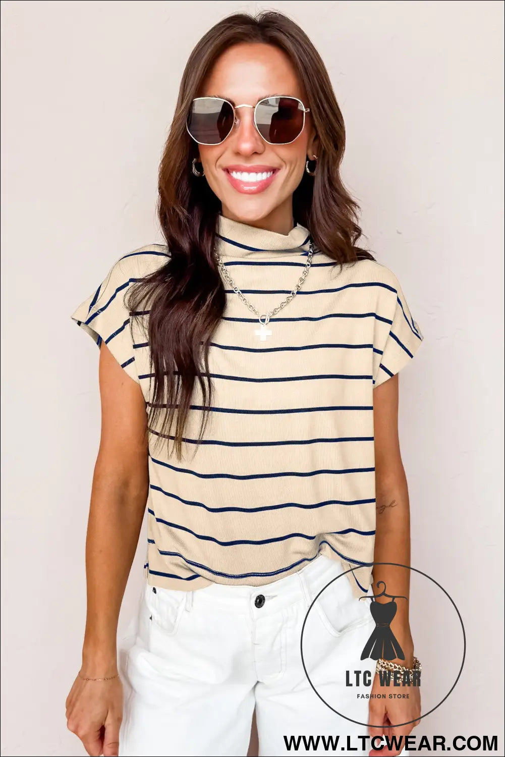 Khaki stripe mock neck short sleeve loose top - tops & tees
