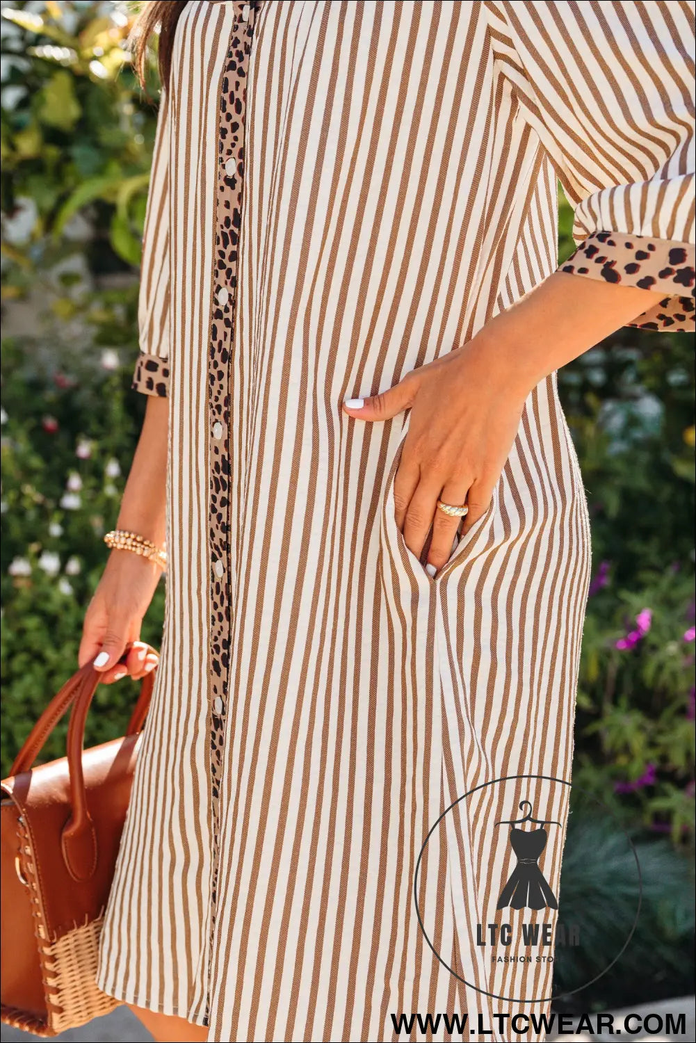 Khaki stripe square button leopard trim loose bracelet sleeve shirt dress - mini dresses