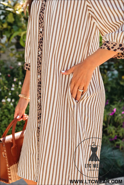 Khaki stripe square button leopard trim loose bracelet sleeve shirt dress - mini dresses