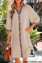 Khaki stripe square button leopard trim loose bracelet sleeve shirt dress - mini dresses