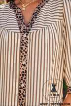 Khaki stripe square button leopard trim loose bracelet sleeve shirt dress - mini dresses