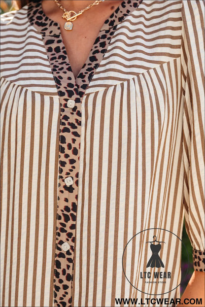 Khaki stripe square button leopard trim loose bracelet sleeve shirt dress - mini dresses