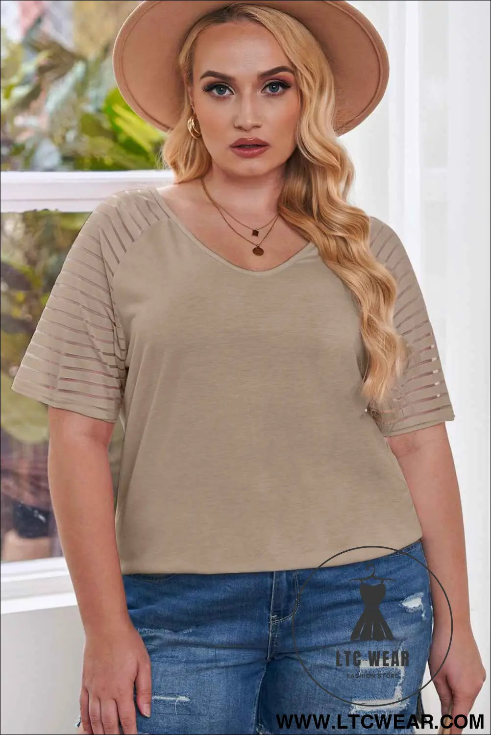Khaki Striped Raglan Sleeve Plus Size Tee
