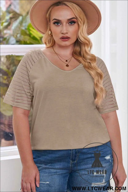 Khaki Striped Raglan Sleeve Plus Size Tee