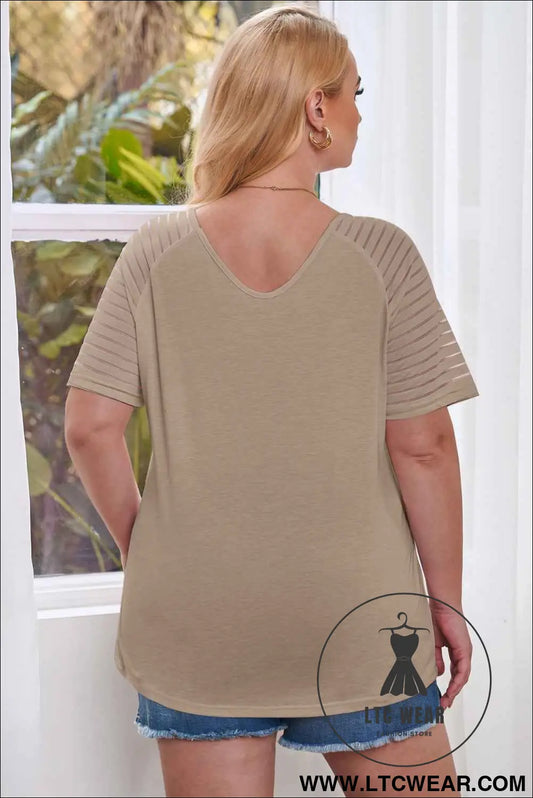Khaki Striped Raglan Sleeve Plus Size Tee