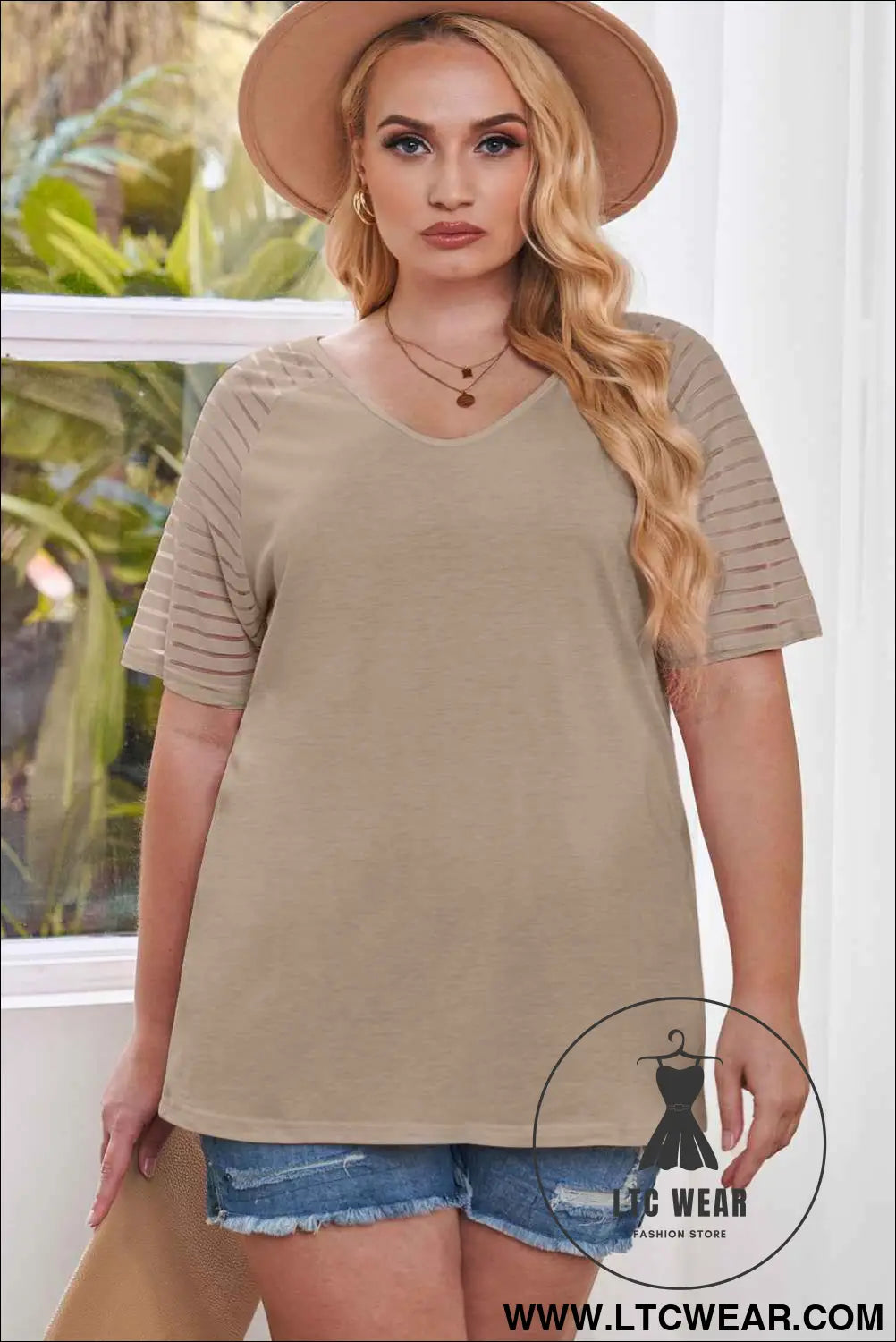 Khaki Striped Raglan Sleeve Plus Size Tee