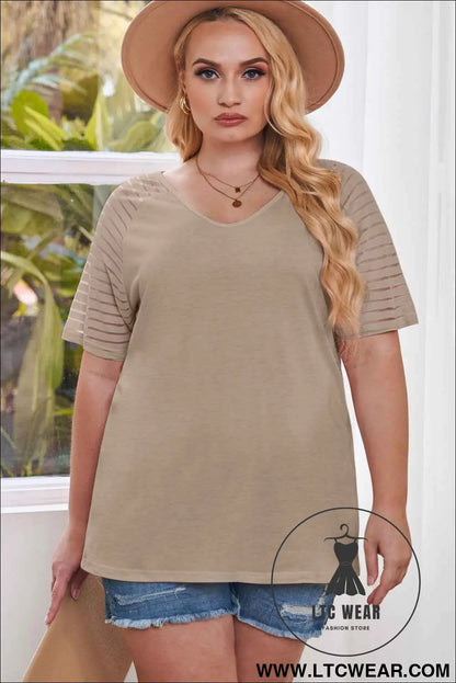 Khaki Striped Raglan Sleeve Plus Size Tee