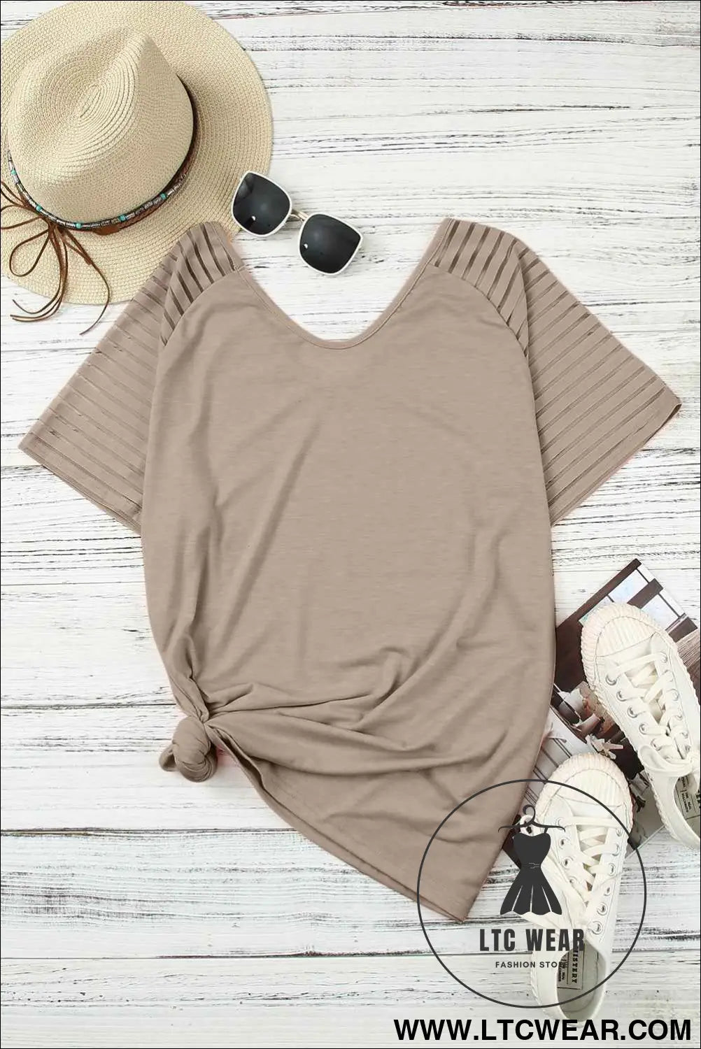 Khaki Striped Raglan Sleeve Plus Size Tee