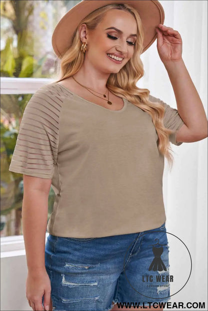 Khaki Striped Raglan Sleeve Plus Size Tee