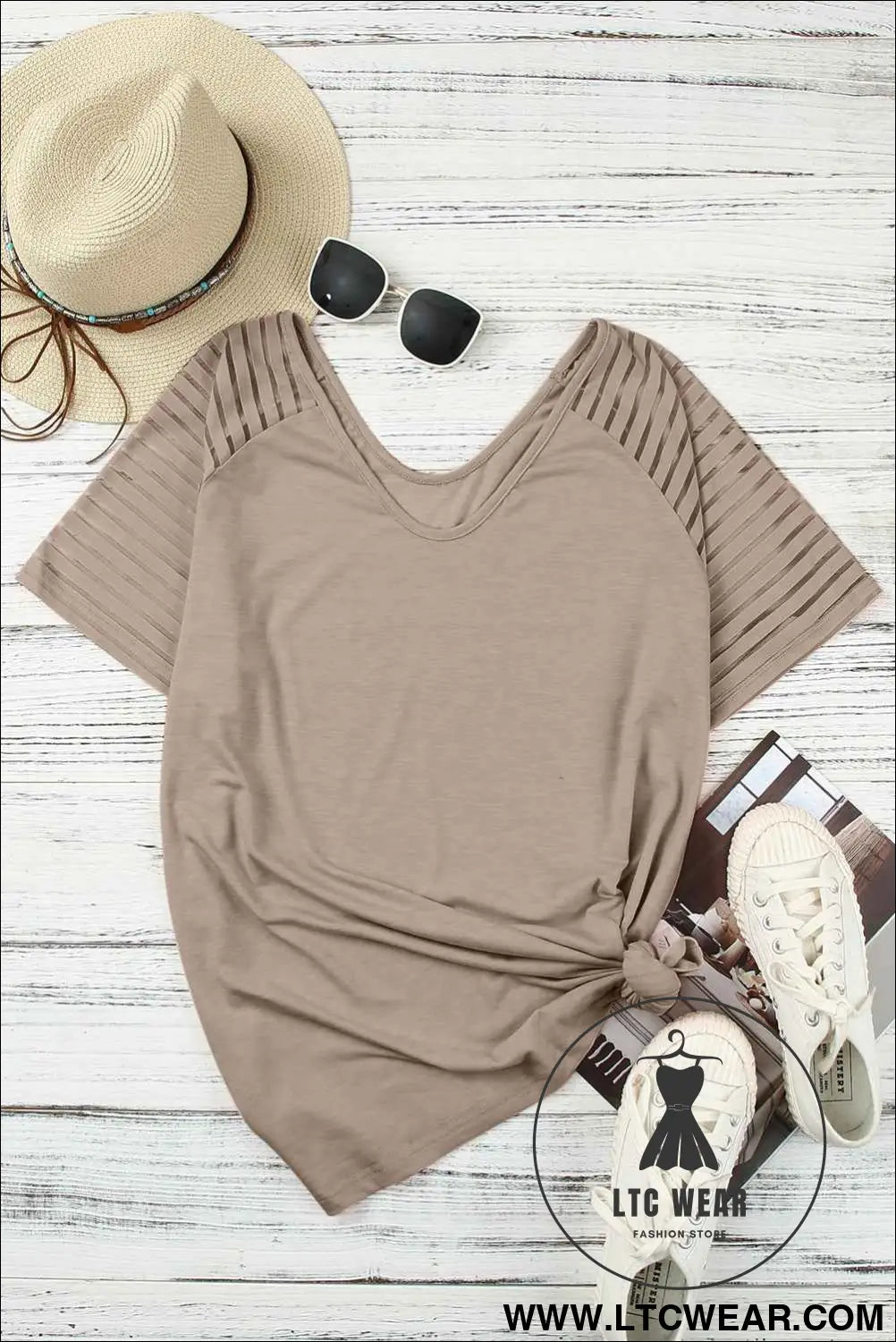 Khaki Striped Raglan Sleeve Plus Size Tee