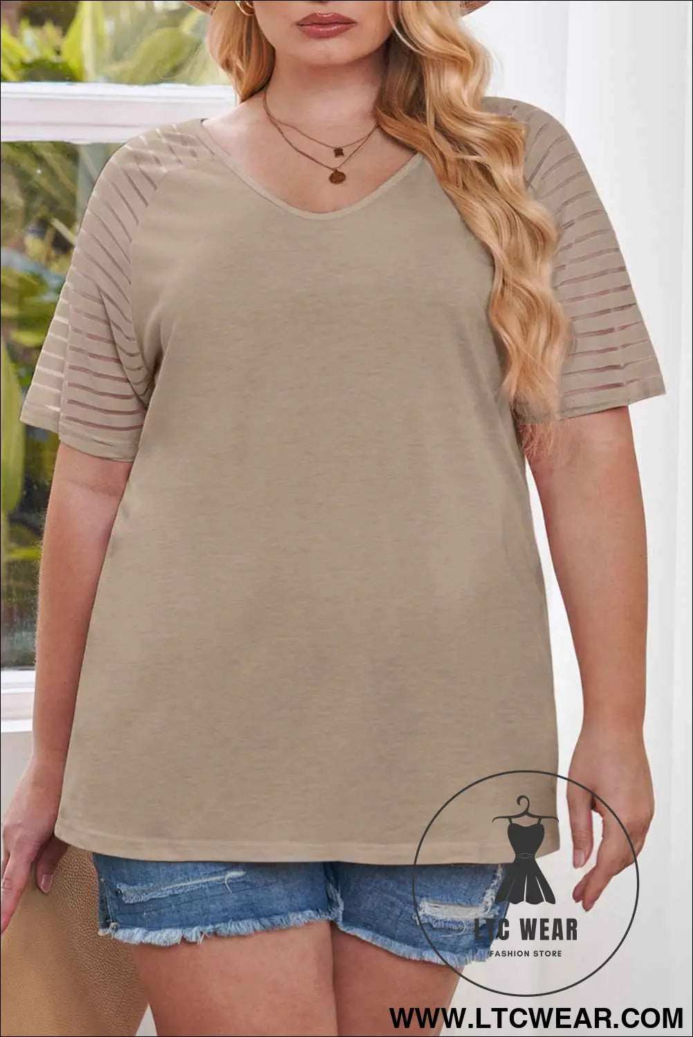 Khaki Striped Raglan Sleeve Plus Size Tee
