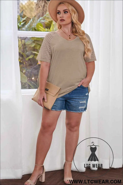Khaki Striped Raglan Sleeve Plus Size Tee