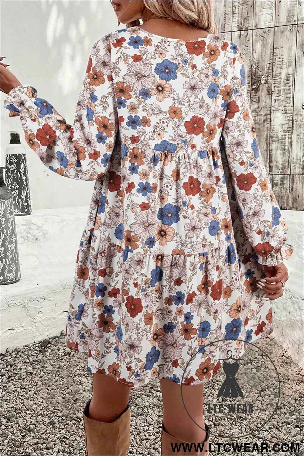 Khaki Tiered Floral Round Neck Ruffled Long Sleeve Dress