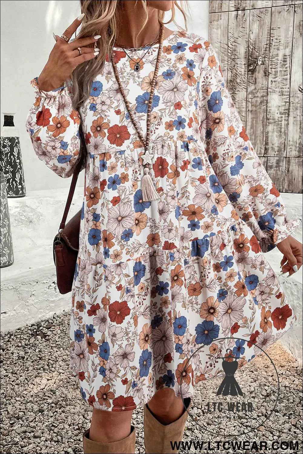 Khaki Tiered Floral Round Neck Ruffled Long Sleeve Dress