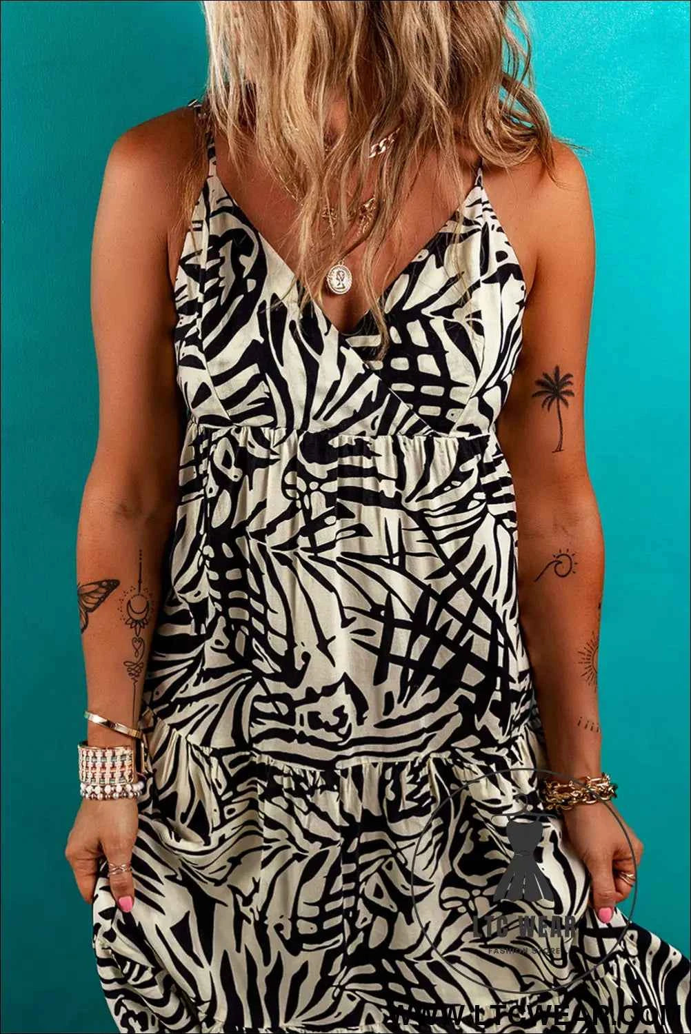 Khaki Tropical Palm Print Wrapped V Neck Spaghetti Straps Tiered Dress