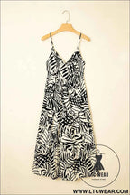 Khaki Tropical Palm Print Wrapped V Neck Spaghetti Straps Tiered Dress