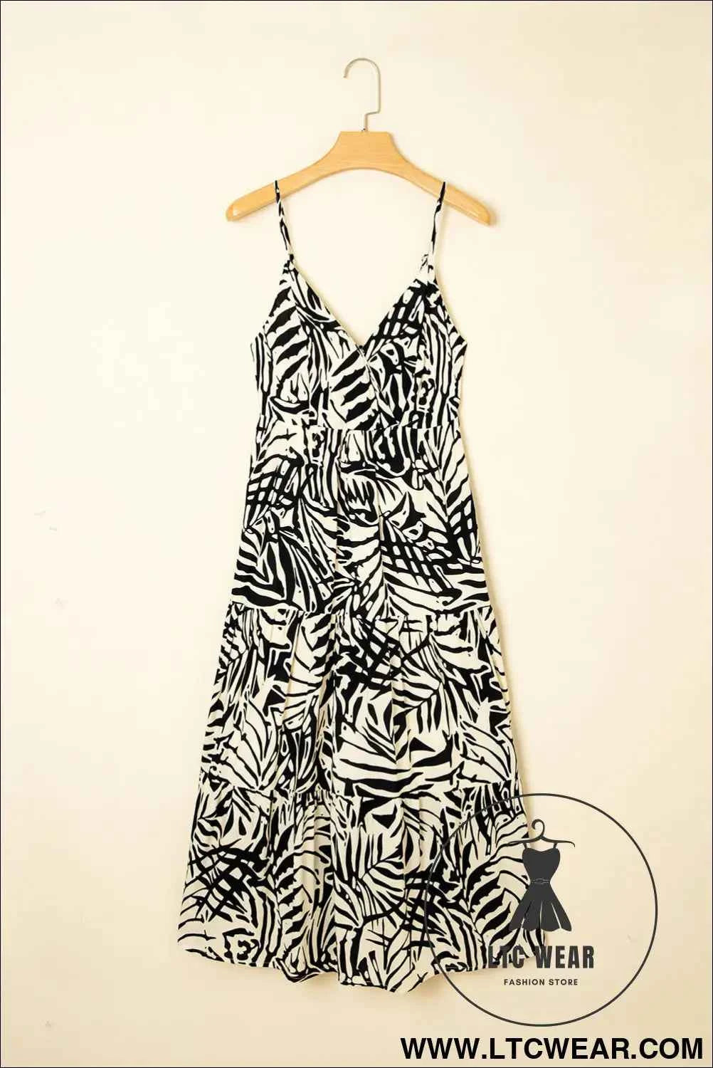 Khaki Tropical Palm Print Wrapped V Neck Spaghetti Straps Tiered Dress