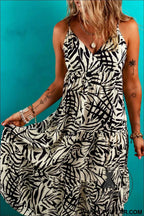 Khaki Tropical Palm Print Wrapped V Neck Spaghetti Straps Tiered Dress