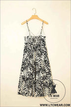 Khaki Tropical Palm Print Wrapped V Neck Spaghetti Straps Tiered Dress