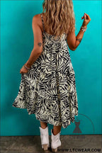 Khaki Tropical Palm Print Wrapped V Neck Spaghetti Straps Tiered Dress