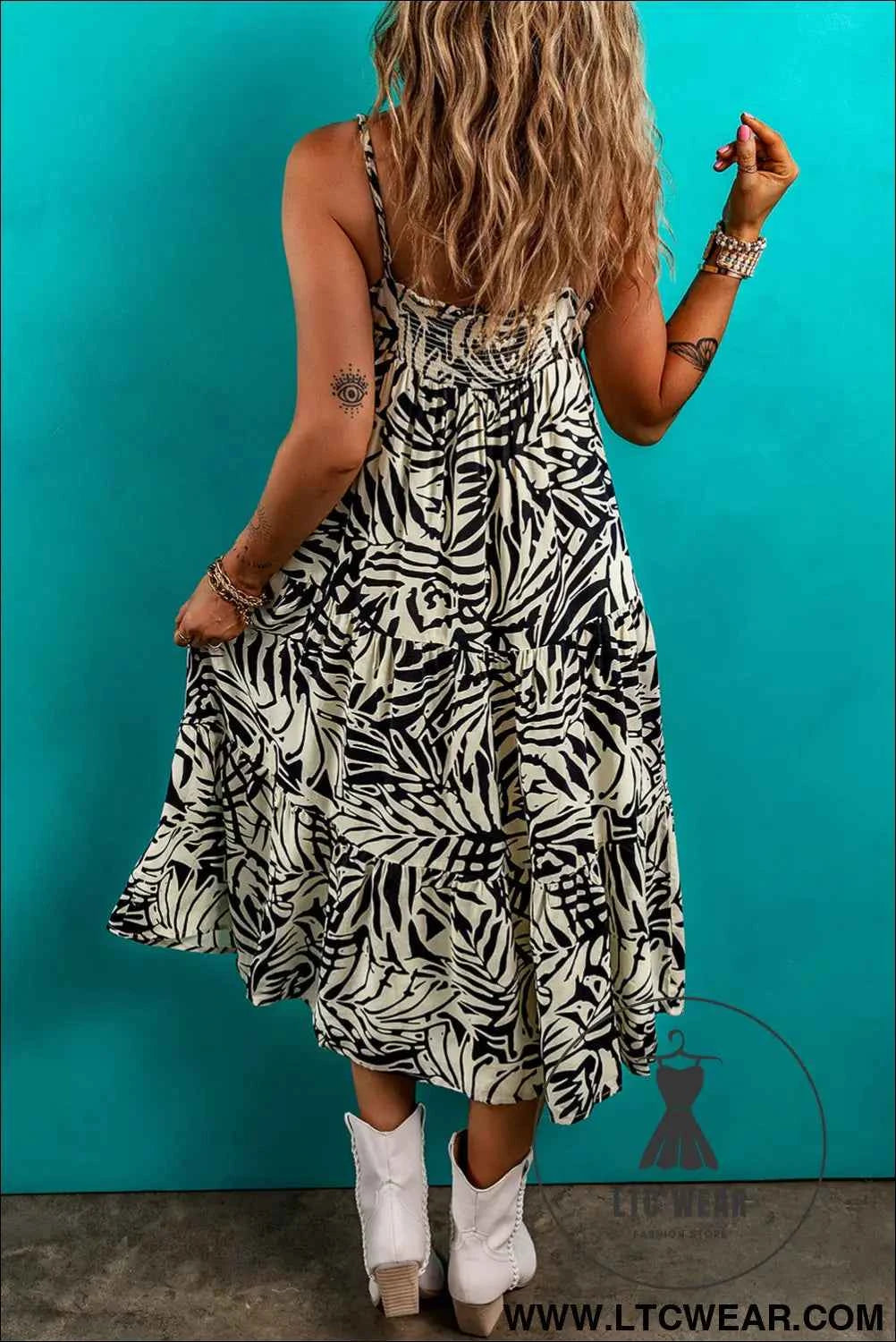 Khaki Tropical Palm Print Wrapped V Neck Spaghetti Straps Tiered Dress