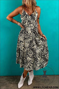 Khaki Tropical Palm Print Wrapped V Neck Spaghetti Straps Tiered Dress