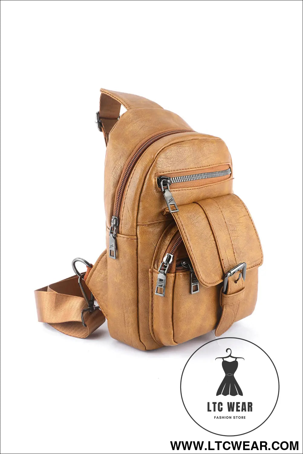Khaki vintage zipper multi pockets pu sling bag - khaki / one size / 100% pu - crossbody bags