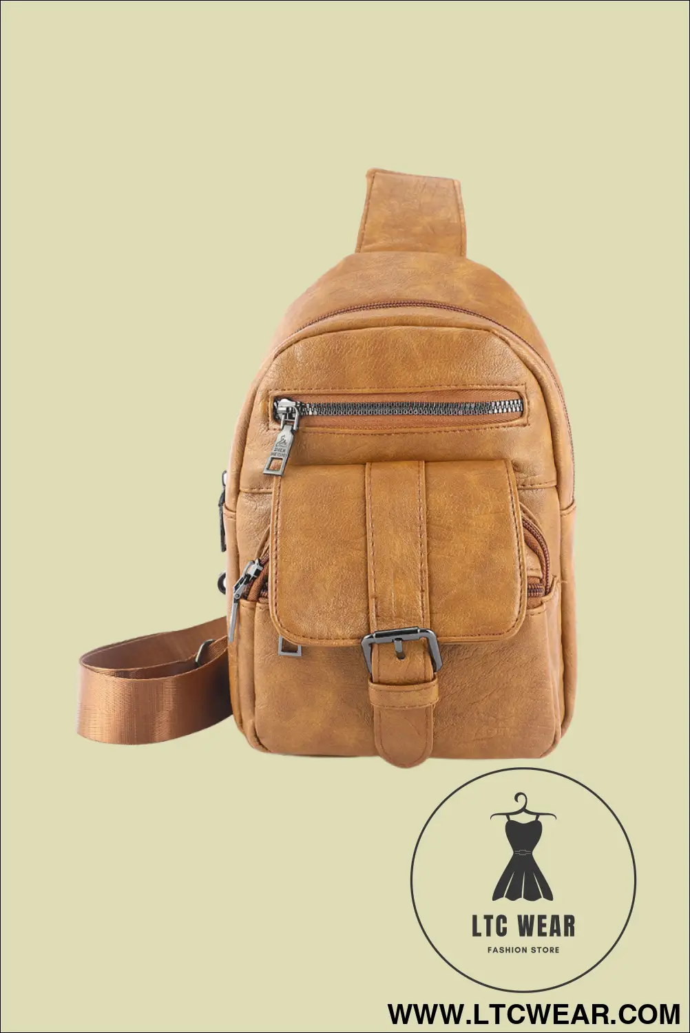 Khaki vintage zipper multi pockets pu sling bag - khaki / one size / 100% pu - crossbody bags