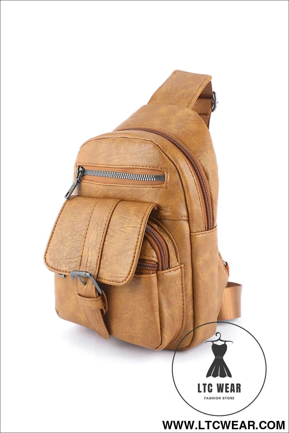 Khaki vintage zipper multi pockets pu sling bag - khaki / one size / 100% pu - crossbody bags