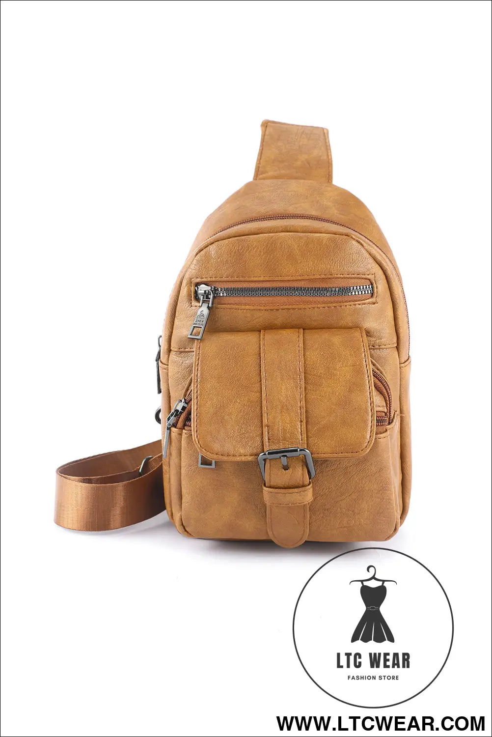 Khaki vintage zipper multi pockets pu sling bag - khaki / one size / 100% pu - crossbody bags