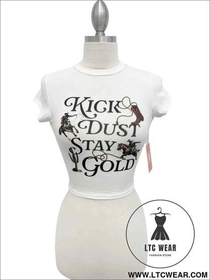Kick Dust Stay Gold Western Graphic Crop Tee for Trendy Style