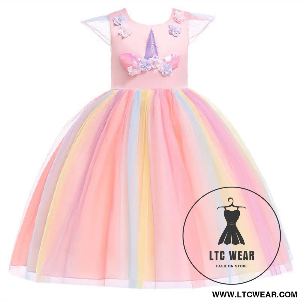 Kids dress mesh unicorn princess dress christmas costume girl dress - pink / 100cm