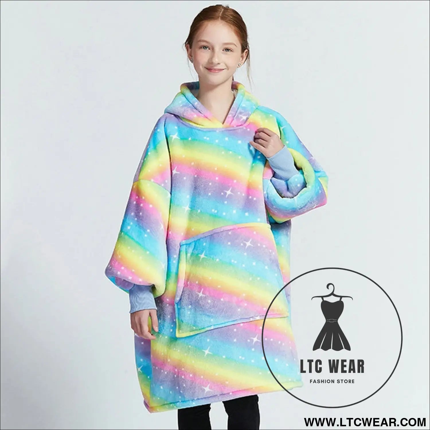 Kids unisex winter warm double layers sherpa fleece tv pocket hoodies blanket hoodie snuggle with sleeves - rainbow