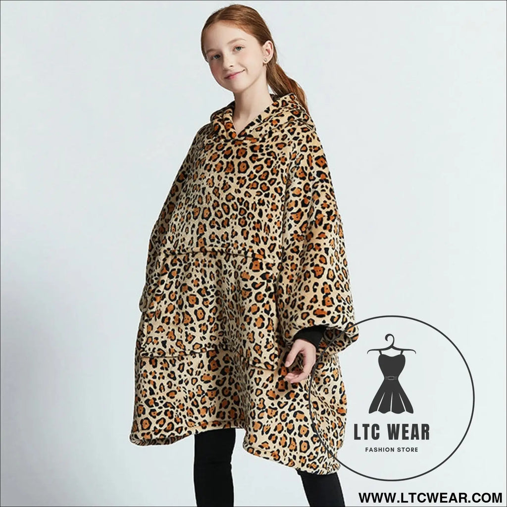 Kids unisex winter warm double layers sherpa fleece tv pocket hoodies blanket hoodie snuggle with sleeves - leopard