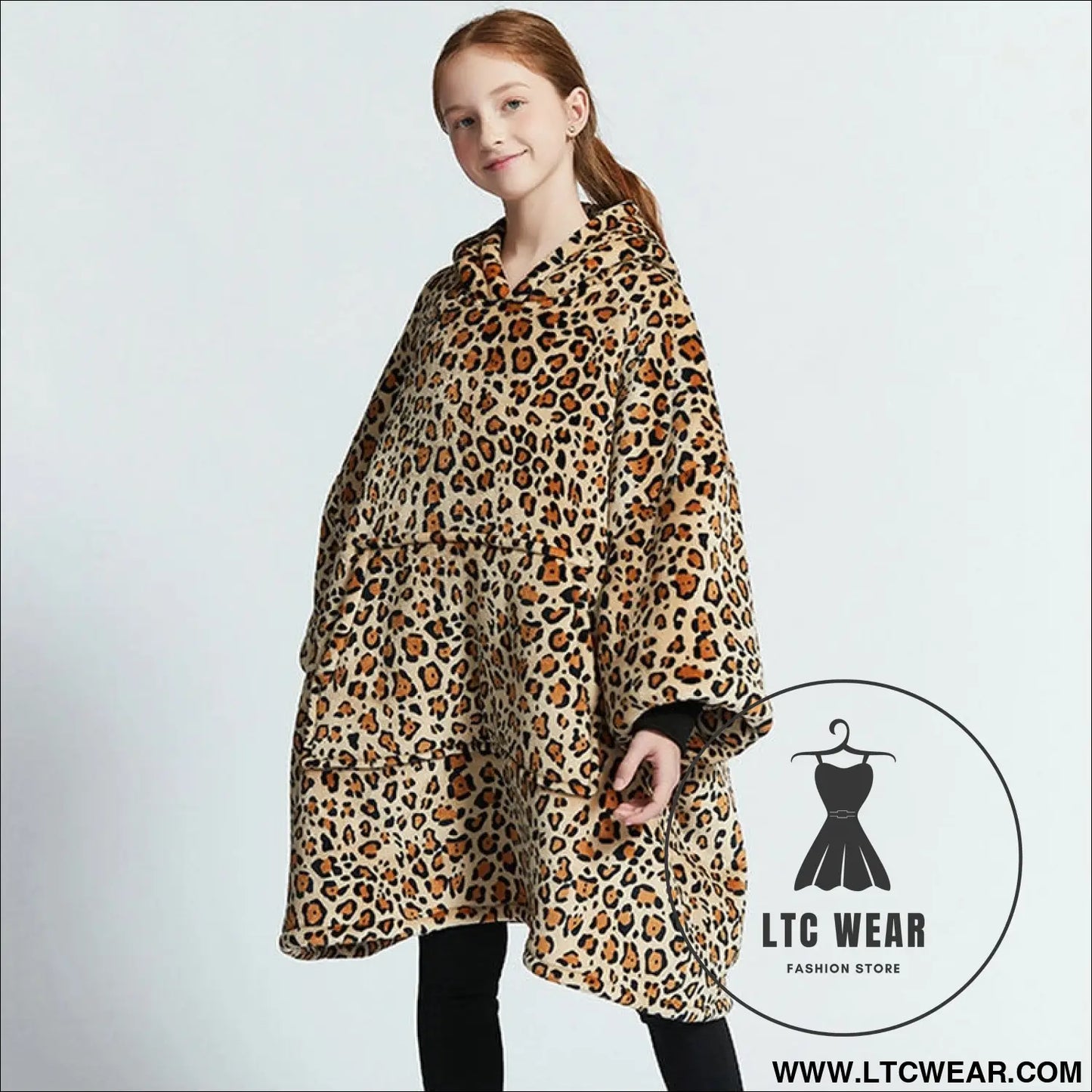 Kids unisex winter warm double layers sherpa fleece tv pocket hoodies blanket hoodie snuggle with sleeves - leopard