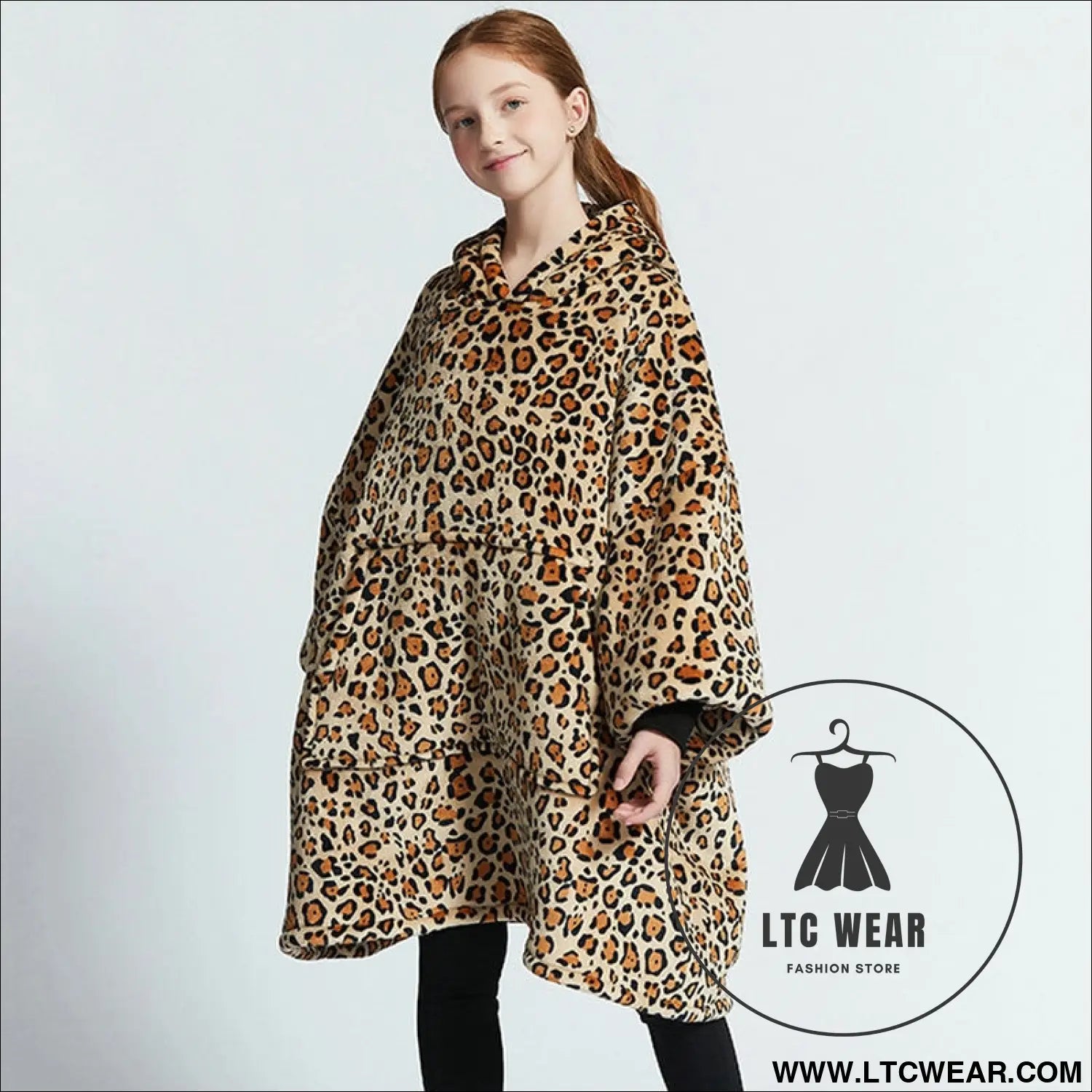Kids unisex winter warm double layers sherpa fleece tv pocket hoodies blanket hoodie snuggle with sleeves - leopard