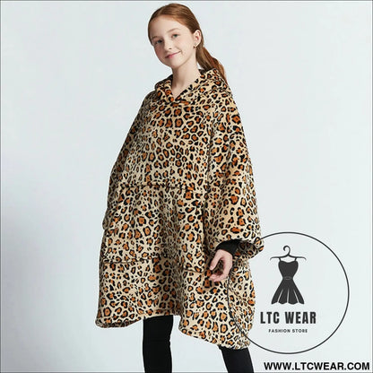 Kids unisex winter warm double layers sherpa fleece tv pocket hoodies blanket hoodie snuggle with sleeves - leopard