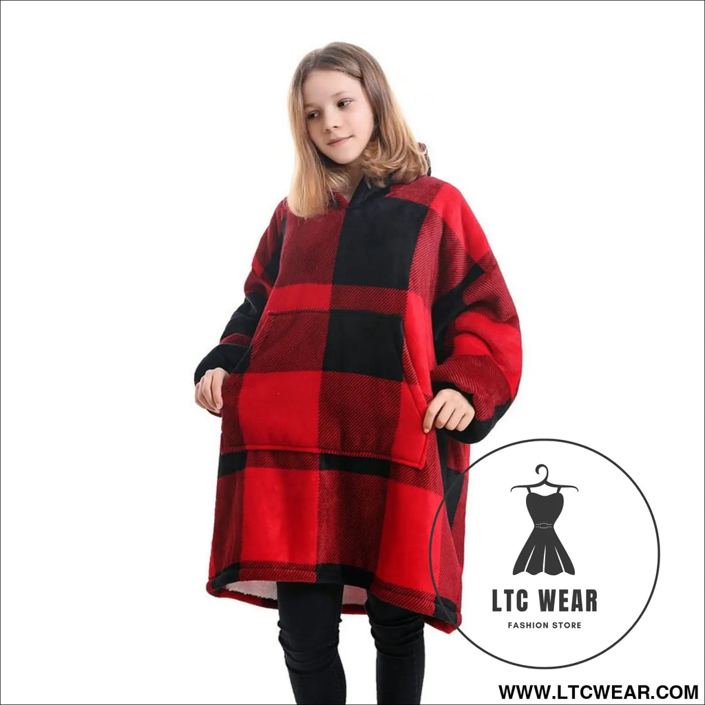 Kids unisex winter warm double layers sherpa fleece tv pocket hoodies blanket hoodie snuggle with sleeves - red