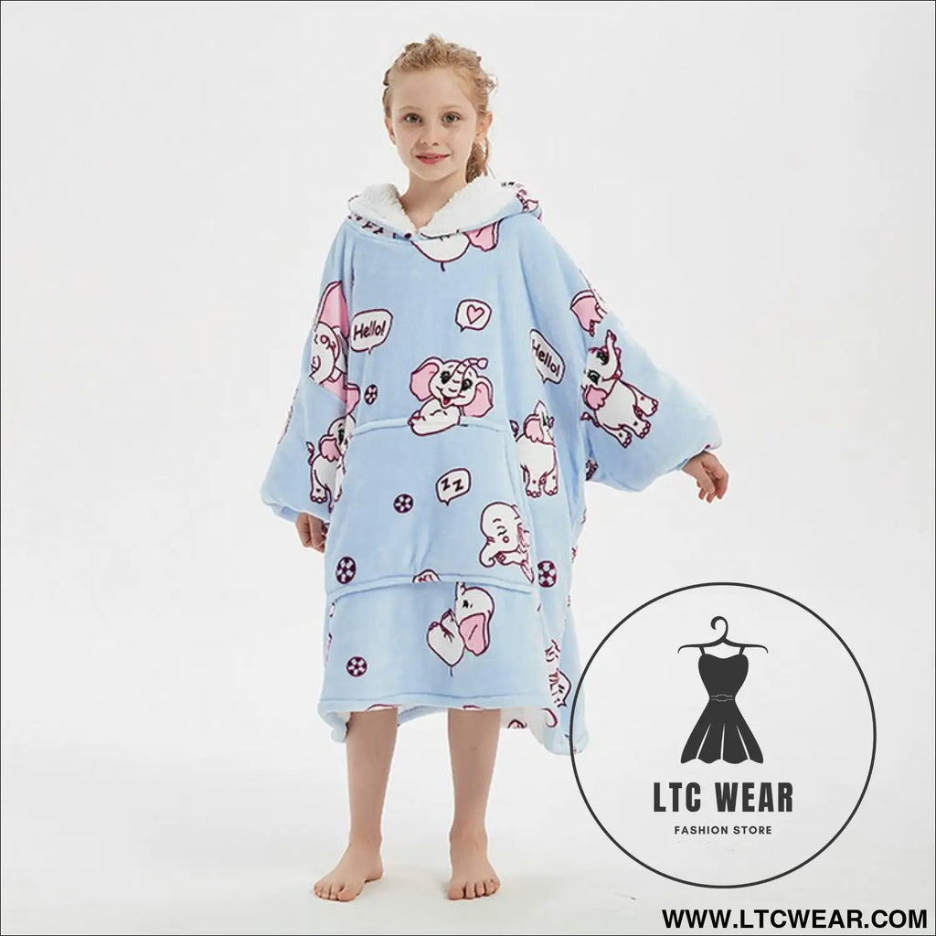 Kids unisex winter warm double layers sherpa fleece tv pocket hoodies blanket hoodie snuggle with sleeves - elephant