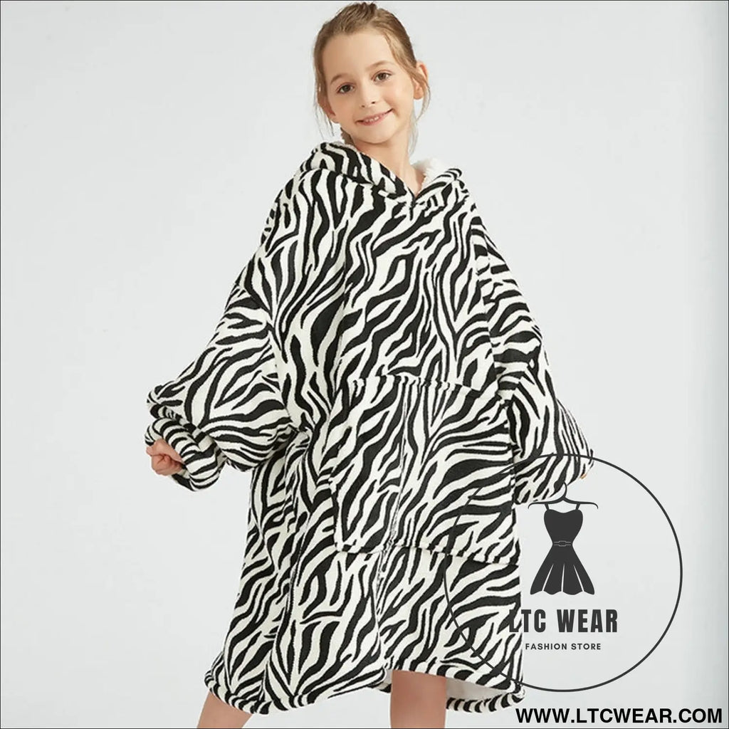 Kids unisex winter warm double layers sherpa fleece tv pocket hoodies blanket hoodie snuggle with sleeves - black