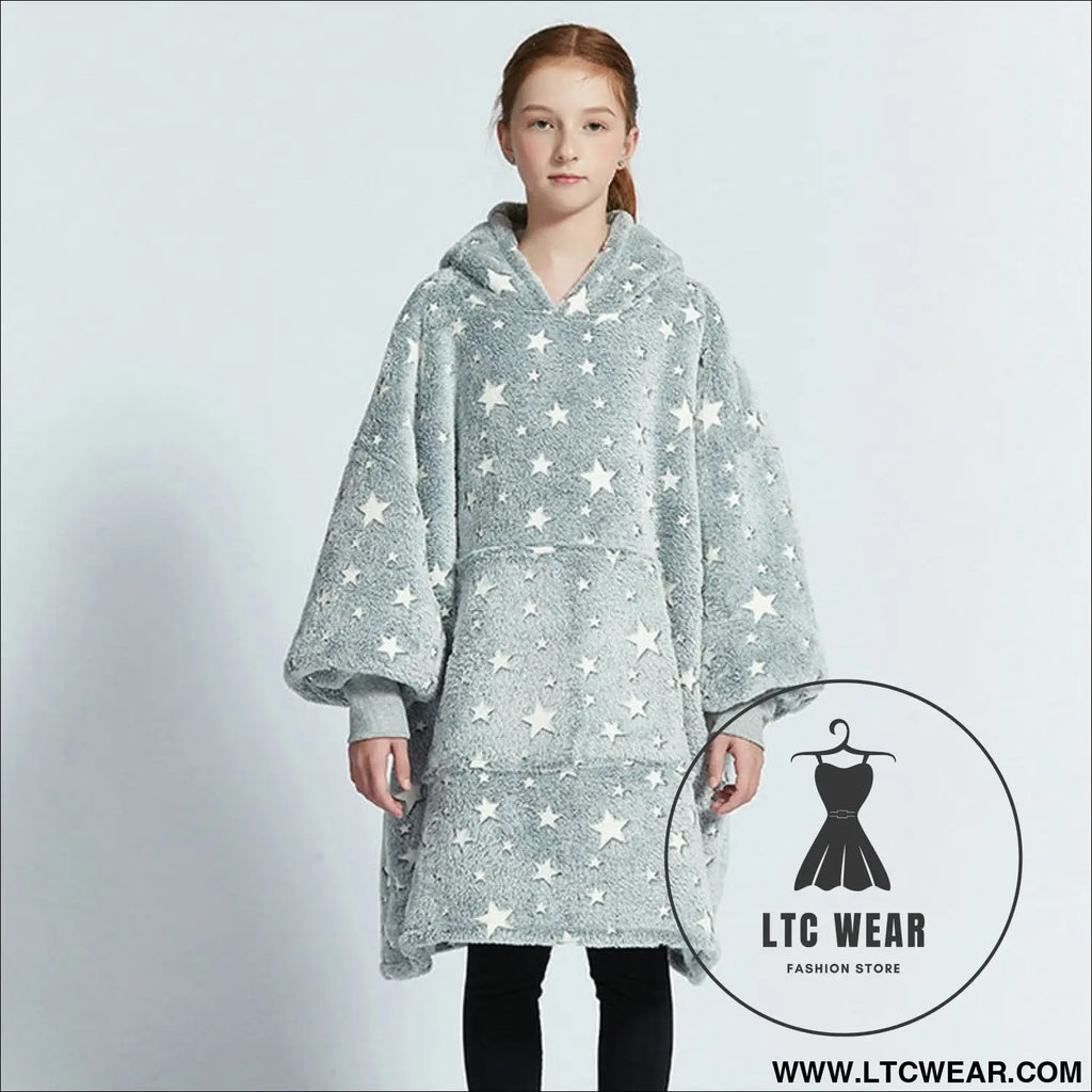 Kids unisex winter warm double layers sherpa fleece tv pocket hoodies blanket hoodie snuggle with sleeves - luminous