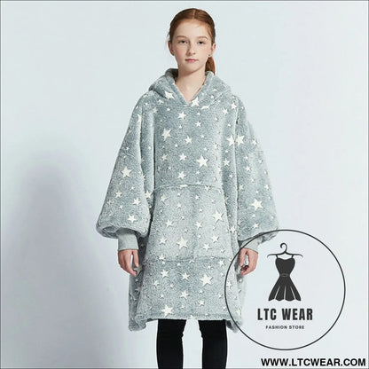 Kids unisex winter warm double layers sherpa fleece tv pocket hoodies blanket hoodie snuggle with sleeves - luminous