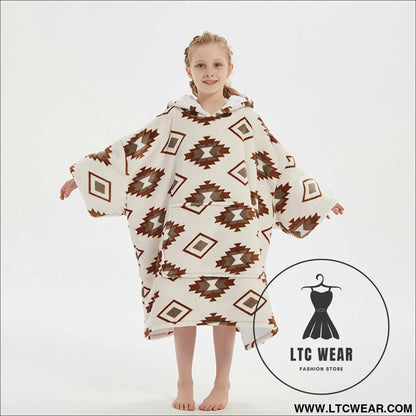 Kids unisex winter warm double layers sherpa fleece tv pocket hoodies blanket hoodie snuggle with sleeves - diamond