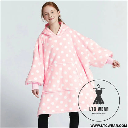 Kids unisex winter warm double layers sherpa fleece tv pocket hoodies blanket hoodie snuggle with sleeves - pink polka